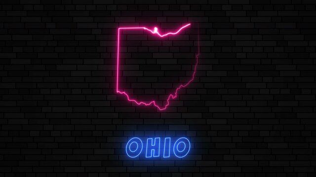State of Ohio map silhouette with neon line on a dark brick wall background
