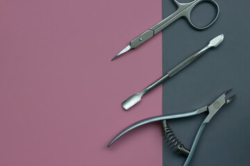 manicure tools, Cuticle nipper, 	Nail scissors, 	Cuticle pusher. Iron and sharp manicure tools. Top view, close-up