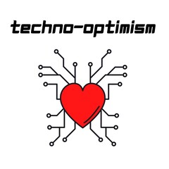 Text "techno-optimism" with heart on a white background. Abstract raster lettering illustration