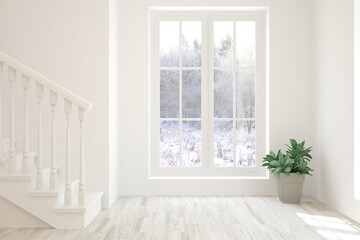 Mock up of empty room in white color with winter landscape in window. Scandinavian interior design. 3D illustration