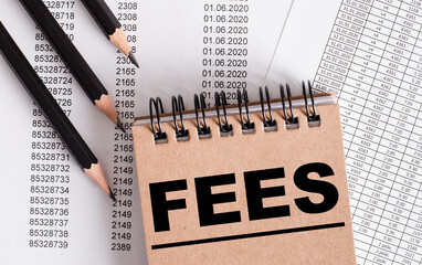 The word FEES is written on the brown notebook. Nearby pencils