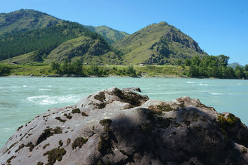 Altai, a rock on the banks of the Katun river, nature of Russia.