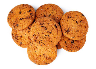 Pile of chocolate chip cookies isolated on white background