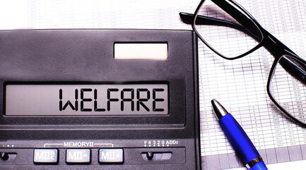 The word WELFARE is written in the calculator near black-framed glasses and a blue pen.