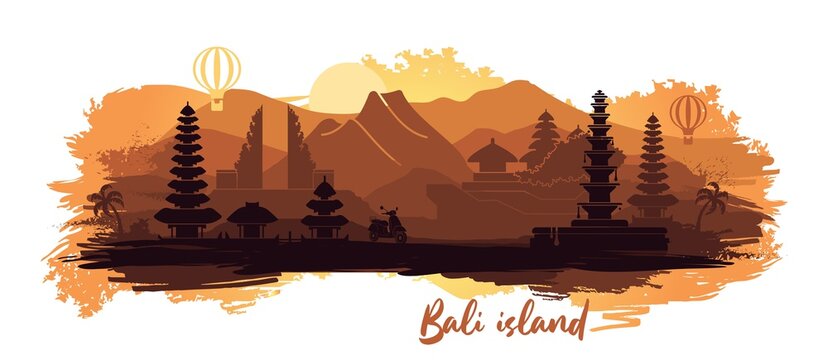 Abstract landscape of the Indonesian island of Bali with the main attractions