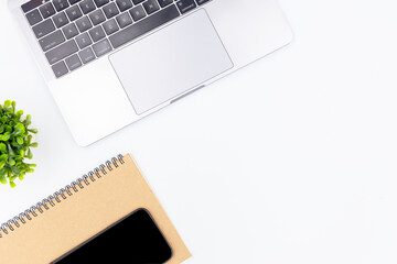 Top view laptop and notebook isolated on white background with copy space