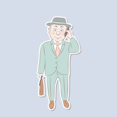 Sticker old man with a smartphone and a suitcase. Cartoon style vector illustration.