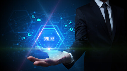 Man hand holding ONLINE inscription, social media concept