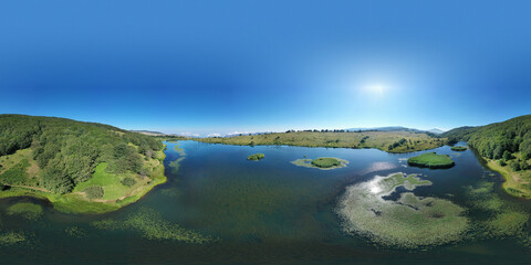 Fototapeta na wymiar default 360 degree virtual reality panorama of Biviere lake immersed in the beautiful beech forest of Monte Soro in spring on the Nebrodi, Sicily, Italy. Natural lake with views of Mount Etna and sea.
