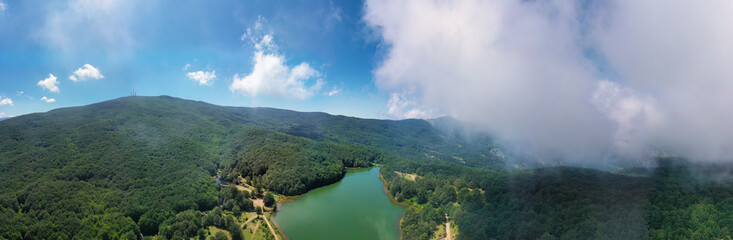 Fototapeta na wymiar default 180 degree virtual reality panorama of Maulazzo lake immersed in the beautiful beech forest of Monte Soro in spring on the Nebrodi, Sicily, Italy.