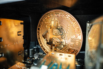 Macro photo of bitcoin cryptocurrency in the dark