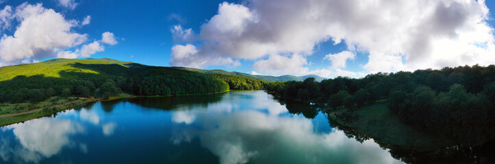 default 180 degree virtual reality panorama of Maulazzo lake immersed in the beautiful beech forest of Monte Soro in spring on the Nebrodi, Sicily, Italy.