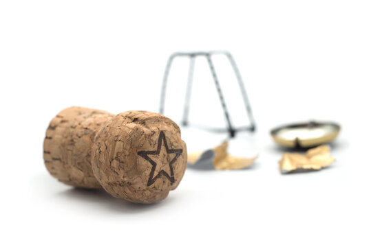 Closeup of Champagne cork on white background
