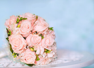 Beautiful widding white pink flowers roses on light background