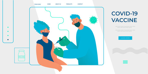 Concept for landing page or banners on covid-19 vaccination. Doctor in protective mask making injection to patient. Coronavirus vaccine. Flat cartoon vector illustration