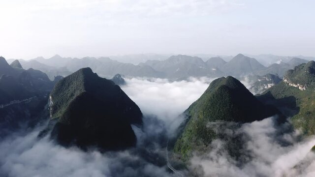Beautiful Getu Valley karst mountains China, high aerial view over mountaintops
