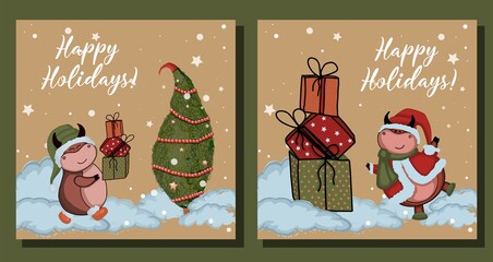 Christmas kraft paper card, hand drawn style. illustration of the year of the bull 2021. Happy holidays