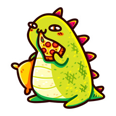 Funny lazy T-rex with an orange pillow eating pizza looking smug. Kawaii cute green dinosaur, chibi art style. Design for stickers, t-shirts, posters, greeting cards. Isolated on white background.