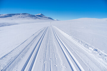 Cross country ski tracks in the mountains near Hovringen in Rondane National Park, Norway