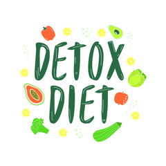 Flat vector illustrated inscription detox diet surrounded by vegetables and fruits isolated on a white background. The concept of cleansing the body.