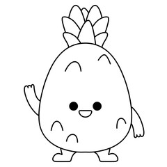 Black line art happy pineapple. Flat design for poster or t-shirt. Vector illustration