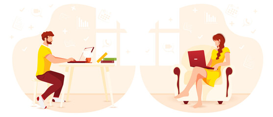 Freelancers man and woman working on laptops. Home office, freelance, studying concept. Isolated vector illustration for flyer, poster, banner.
