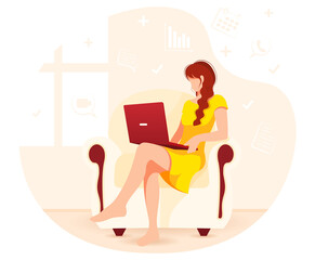 Woman sitting on the armchair and working on laptop. Home office, freelance, studying concept. Isolated vector illustration for flyer, poster, banner.
