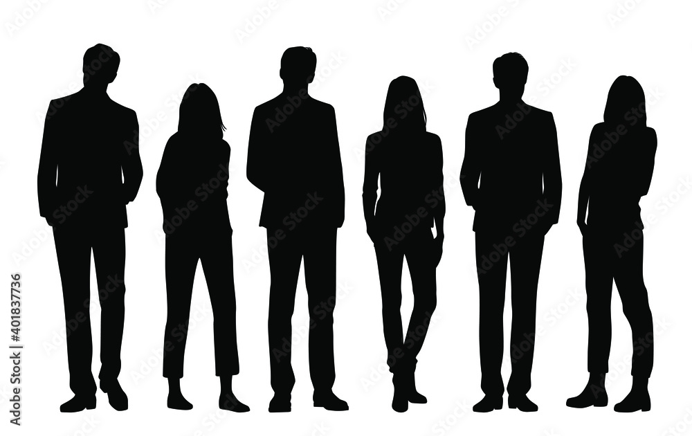 Wall mural Vector silhouettes of  men and a women, a group of standing  business people, black  color isolated on white background