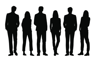 Vector silhouettes of  men and a women, a group of standing  business people, black  color isolated on white background