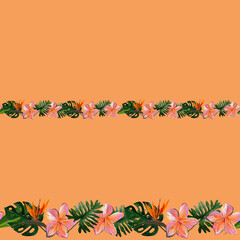 Seamless border of Tropical Hawaii leaves and flowers isolated on orange for duct tape, adhesive tape, ribbons, fabric trim, footer, letterhead. Gouache hand drawn illustration. © Olena
