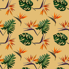 Seamless tropical pattern with  strelitzia with leaves on yellow  background. Seamless pattern with colorful leaves of colocasia, filodendron, monstera. Exotic wallpaper. Hawaiian style. © Olena
