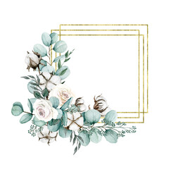 Watercolor rectangle frame. Gold foliage geometric frame. Decorated with Eucalyptus branches, cotton and white roses. Herbal greenery composition. 
