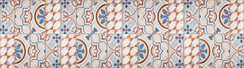 Seamless brown orange blue vintage retro geometric rectangle mosaic motif tiles wall texture...