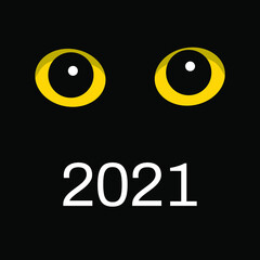 Surprised animal eyes and numbers 2021 on the black background. Eyes of yellow cat in the dark. Vector illustration