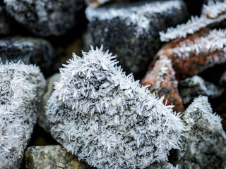 Close up of a small rock covered in hoarfrost