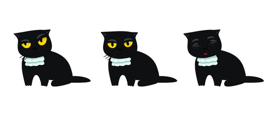 Cats silhouette vector set black cat in a jabot. Cute kitten with different emotions. Angry, skeptical, happy. Funny cat breaking things comic illustration, cartoon vector drawing.
