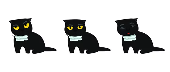 Cats silhouette vector set black cat in a jabot. Cute kitten with different emotions. Angry, skeptical, happy. Funny cat breaking things comic illustration, cartoon vector drawing. © Nataliya