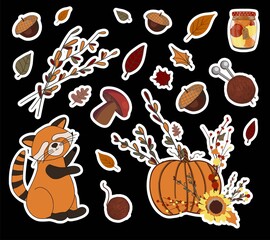 autumn set of stickers. Umbrella and falling leaves. Autumn leaves. Children's print for textiles and clothing. Product design