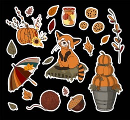 autumn set of stickers. Umbrella and falling leaves. Autumn leaves. Children's print for textiles and clothing. Product design.