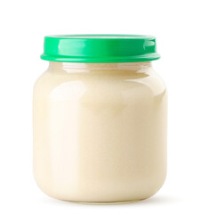 Baby food in a glass can on a white background. Isolated