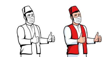 Turkish man in face mask. Positive Turk in medical mask thumb up gesture. Vector isolated cartoon illustration.