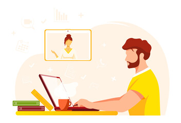 Freelancer man working on laptop and chatting. Home office, freelance, studying concept. Isolated vector illustration for flyer, poster, banner.