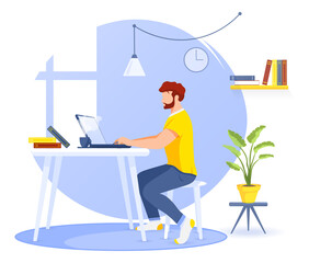 Freelancer man working on laptop. Home office, freelance, studying concept. Isolated vector illustration for flyer, poster, banner.