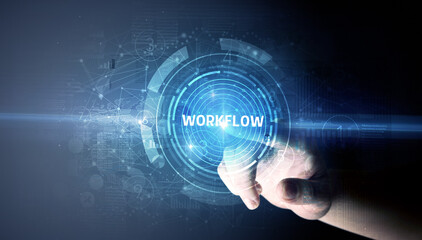Hand touching WORKFLOW button, modern business technology concept