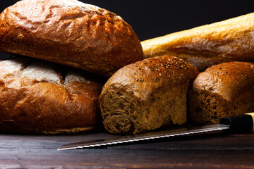 Fresh crispy bread. Bread counter at the bakery. Village bakery.