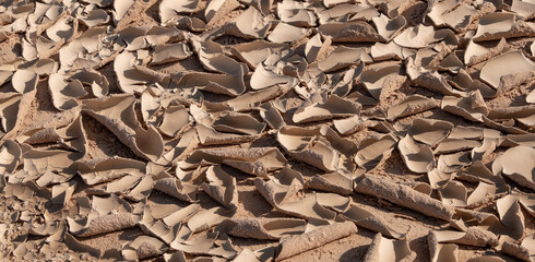 Cracked clay ground in a dry season. Cracked soil texture, global warming concept. Cracked dirt in a desert.