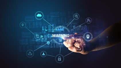 Naklejka premium Hand touching WARNING inscription, Cybersecurity concept