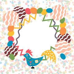Easter bright vector greeting card. Colorful eggs, lines, chicken, confetti on a white background. In the center is a place for a greeting inscription.