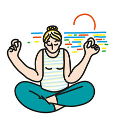 Woman meditation on beach.
Yoga meditating sunrise.