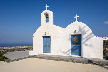Traditional Greek church in Pyrgos village on Santorini Island. Greece